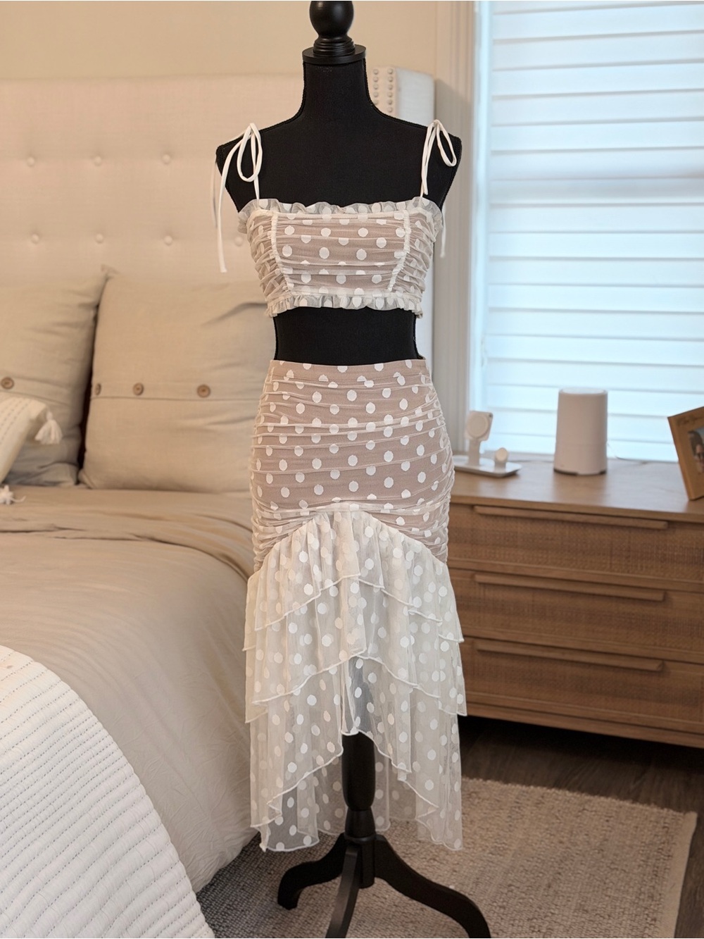 Polka Dot Ruffle Midi Skirt - Beige and White